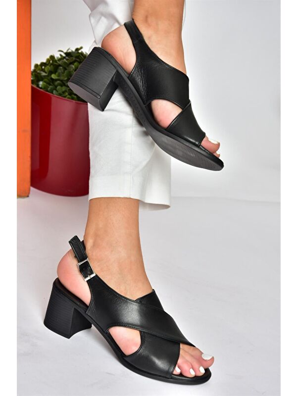 P555450503 Siyah Hakiki Deri Kalın Topuklu Kadın Ayakkabı - Görsel 4