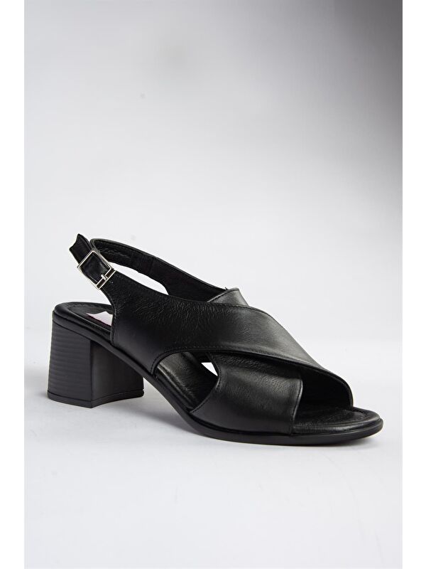 P555450503 Siyah Hakiki Deri Kalın Topuklu Kadın Ayakkabı - Görsel 6