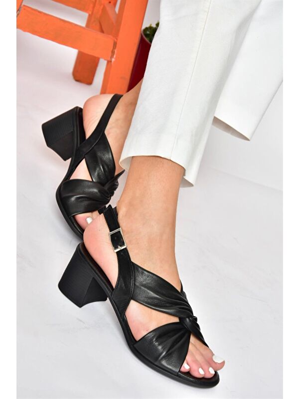 P555450103 Siyah Hakiki Deri Kalın Topuklu Kadın Ayakkabı - Görsel 2