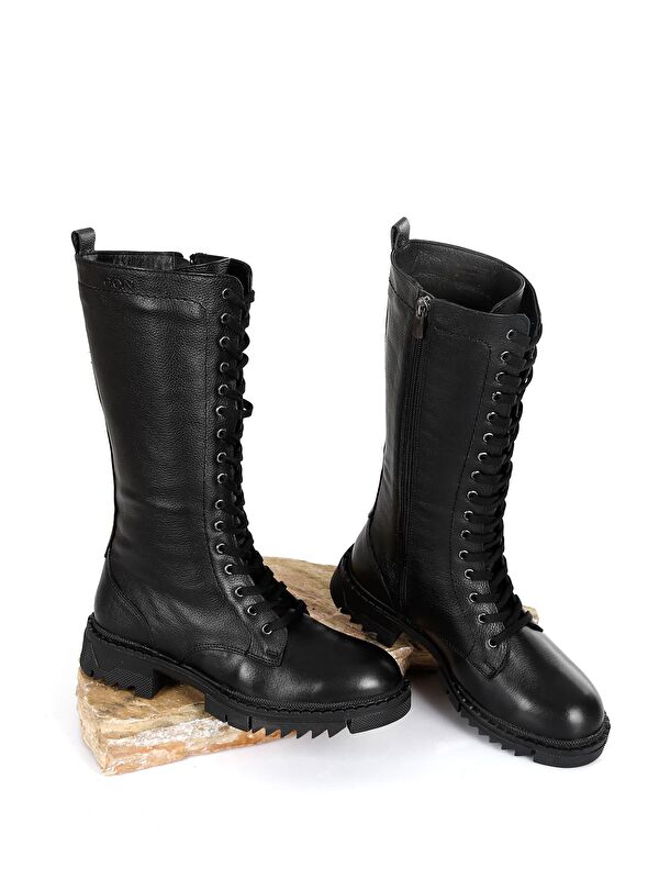 Hakiki Deri Yuvarlak Burunlu Bağcıklı Fermuarlı Kadın Çizme 46548 - Görsel 3