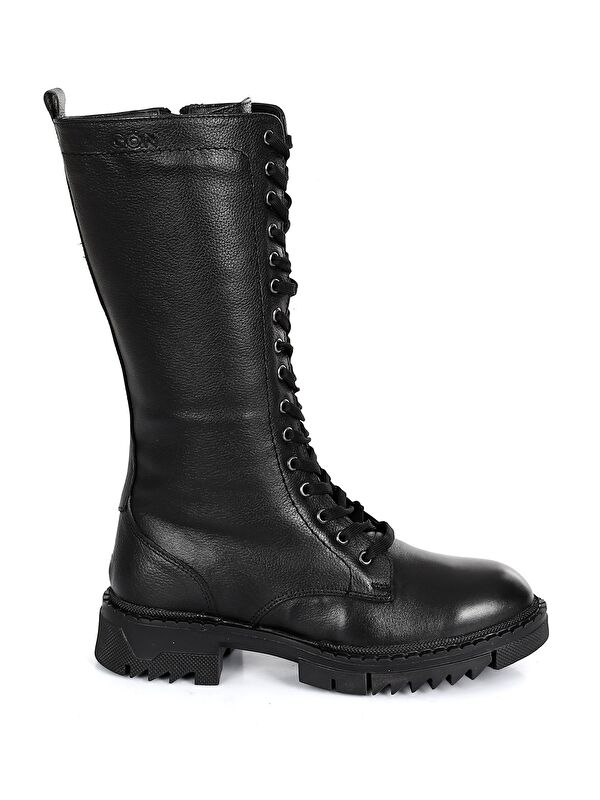 Hakiki Deri Yuvarlak Burunlu Bağcıklı Fermuarlı Kadın Çizme 46548 - Görsel 6