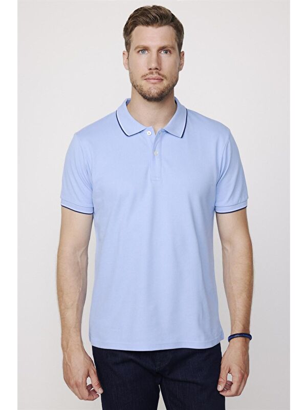 TUDORS Erkek Polo Yaka Slim Fit Yaka ve Kol Şeritli Pike Mavi Tişört