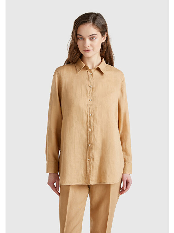 United Colors Of Benetton Kadın Taba %100 Keten Gömlek