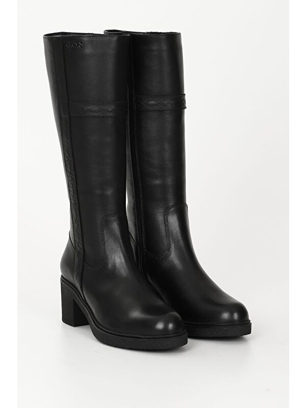 SİYAH Hakiki Deri Yuvarlak Burun Kauçuk Taban Topuklu Fermuarlı Kadın Günlük Çizme 47520 - Görsel 3