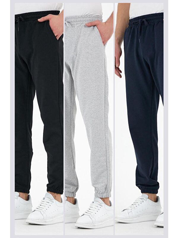 Mmetalic Siyah-Gri-Lacivert 3'lü Erkek Jogger Eşofman Altı Etiketli Arka ve Yan Cepli Regular Fit Lastik Paça