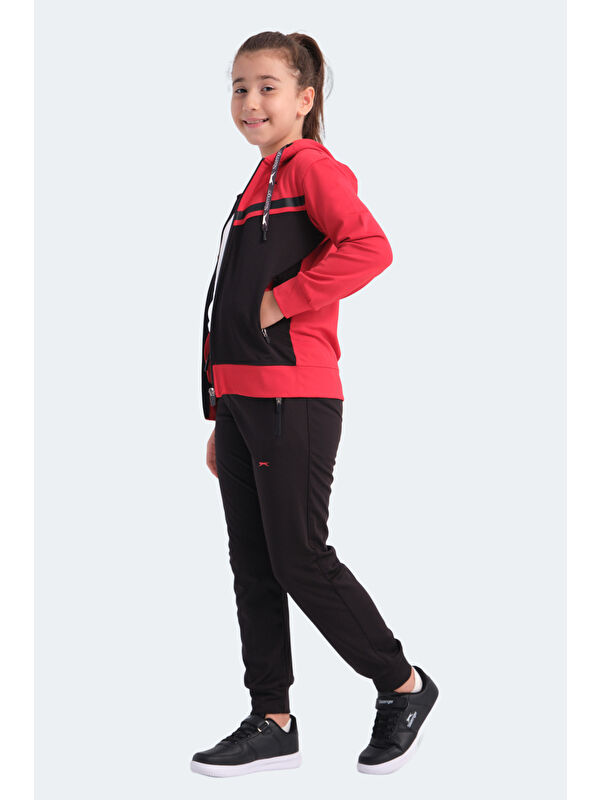 SLAZENGER NOON Unisex Çocuk Fermuarlı Kapüşonlu Cepli Siyah / Kırmızı Eşofman Takımı
