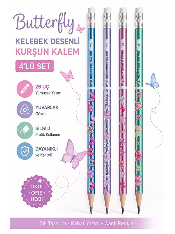 Faber-Castell Kelebek Silgili Kurşun Kalem 4 Adet Yuvarlak Gövdeli Siyah Kurşun Kalem Yumuşak Yazım