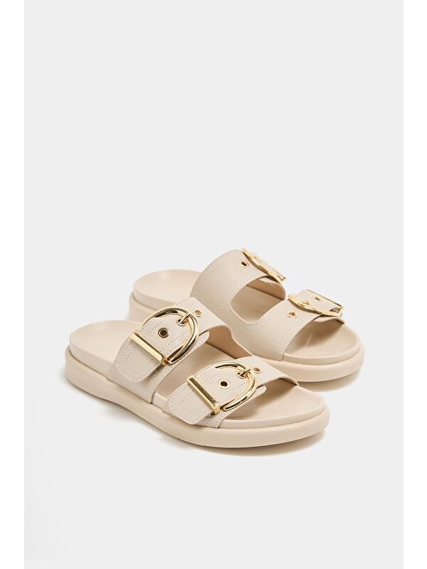 Çift Tokalı Günlük Terlik Krem - Görsel 2