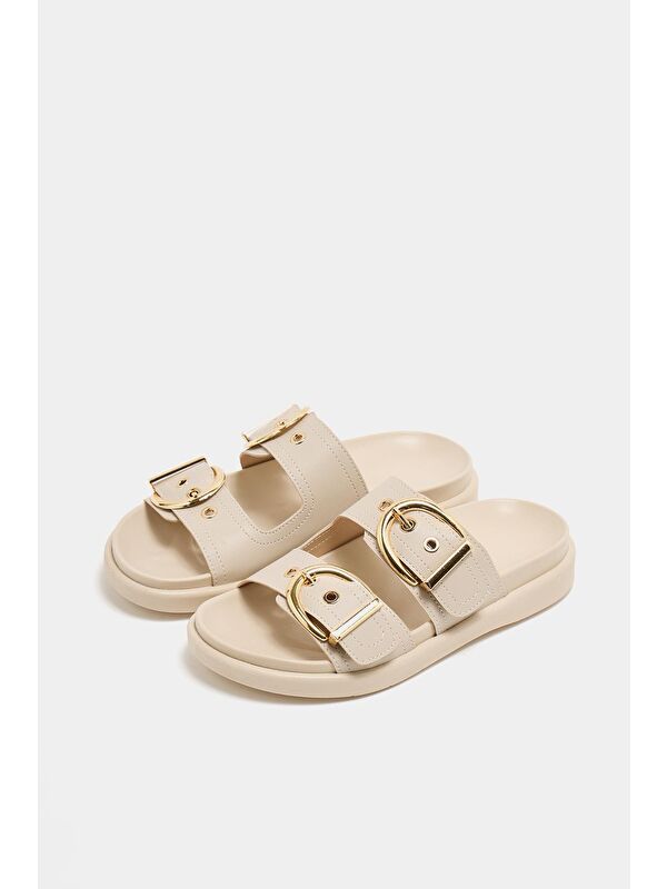 Çift Tokalı Günlük Terlik Krem - Görsel 4