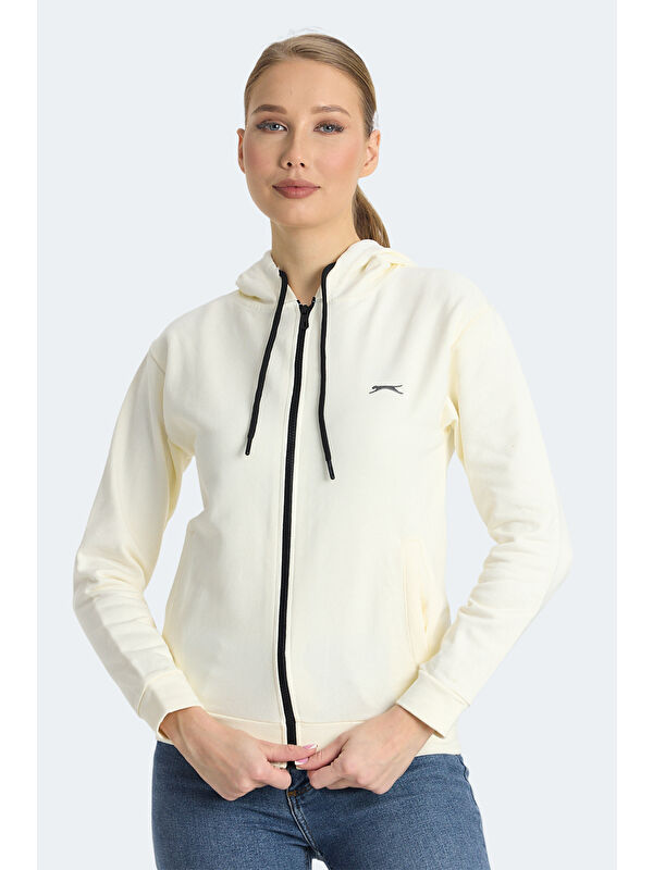 SLAZENGER KINET IN Kadın Fermuarlı Kapüşonlu Cepli Ekru Sweatshırt