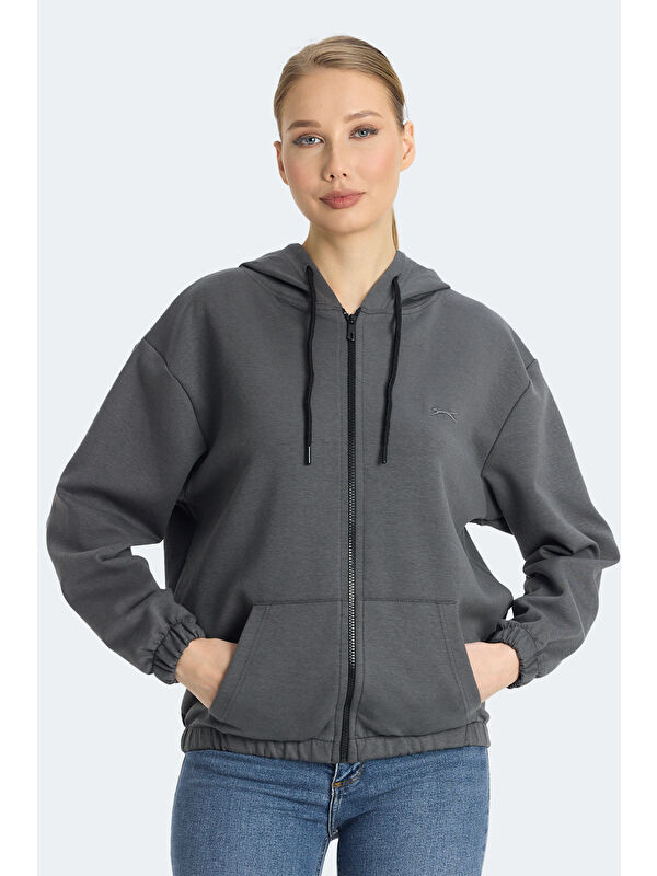 SLAZENGER KIMBERLEY IN Kadın Fermuarlı Kapüşonlu Cepli Koyu Gri Sweatshırt