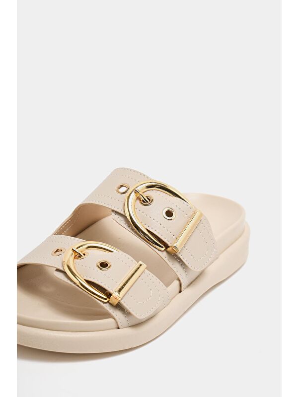 Çift Tokalı Günlük Terlik Krem - Görsel 7