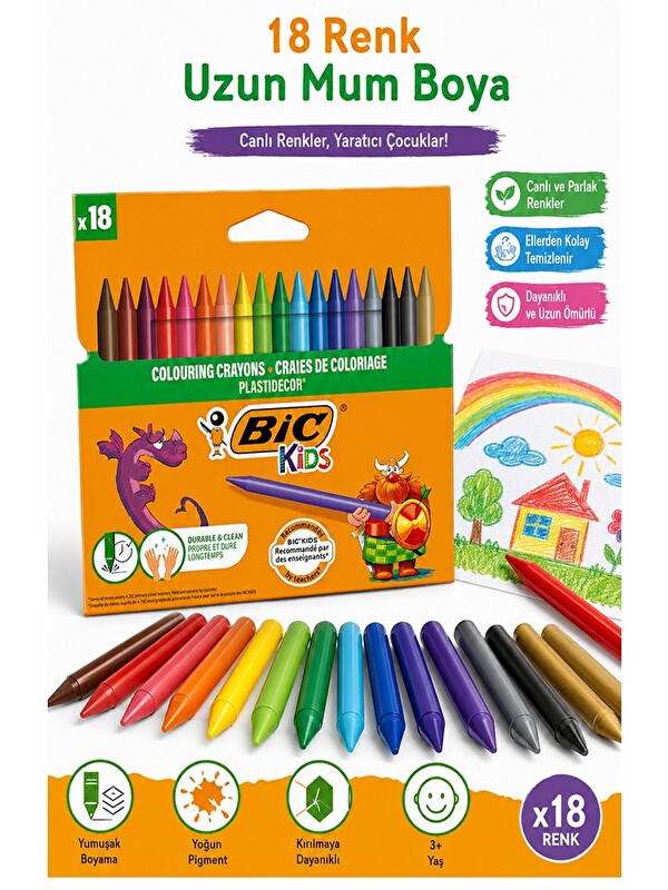 Artlantis Mum Boya 18 Li 1 Paket Bic 18 Renk Mumboya Elleri Kirletmeyen Yıkanabilir Silinebilir Plastidecor