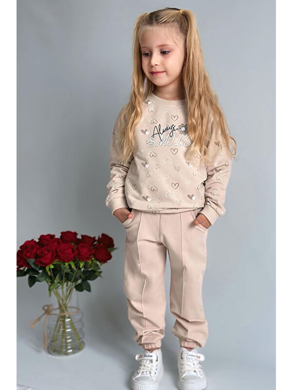 Breeze Kız Çocuk Sweatshirt Kalp Desenli Yazı Baskılı Bej (1.5-4 Yaş)