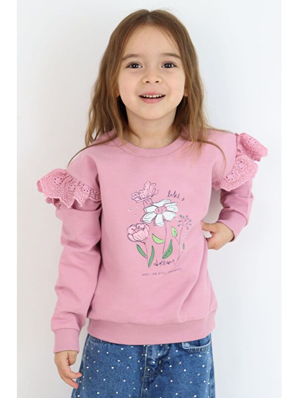 Breeze Kız Çocuk Sweatshirt Omuzları Çiçek Nakış Detaylı Çiçek Baskılı Gülkurusu (2-4 Yaş)