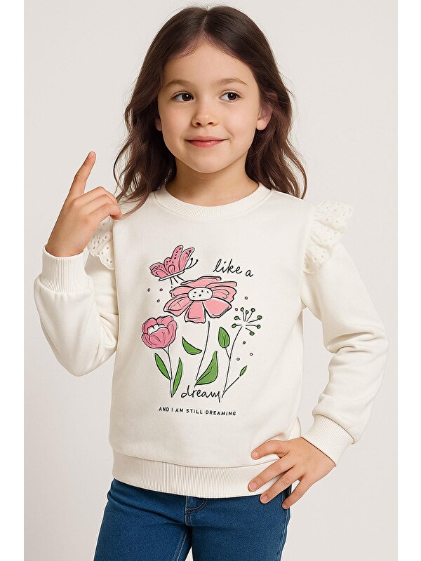 Breeze Kız Çocuk Sweatshirt Omuzları Çiçek Nakış Detaylı Çiçek Baskılı Ekru (2-5 Yaş)