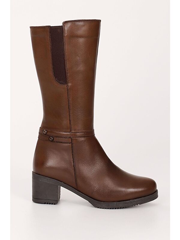 KAHVERENGİ Hakiki Deri Yuvarlak Burun Kauçuk Taban Topuklu Kadın Günlük Çizme GN514 - Görsel 5