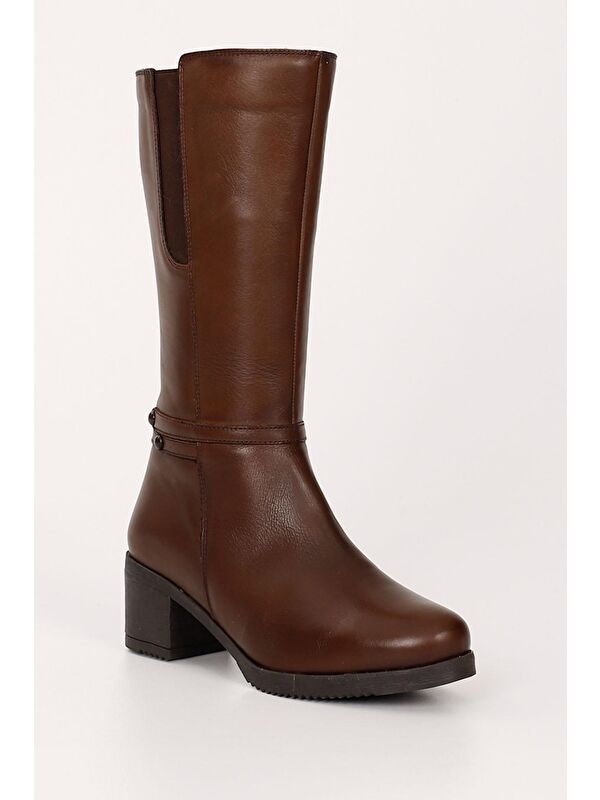 KAHVERENGİ Hakiki Deri Yuvarlak Burun Kauçuk Taban Topuklu Kadın Günlük Çizme GN514 - Görsel 6