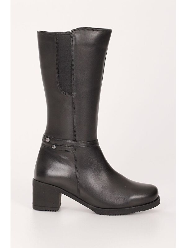 SİYAH Hakiki Deri Yuvarlak Burun Kauçuk Taban Topuklu Kadın Günlük Çizme GN514 - Görsel 5