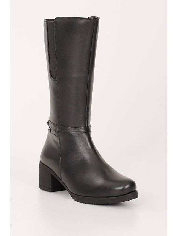 SİYAH Hakiki Deri Yuvarlak Burun Kauçuk Taban Topuklu Kadın Günlük Çizme GN514 - Görsel 6