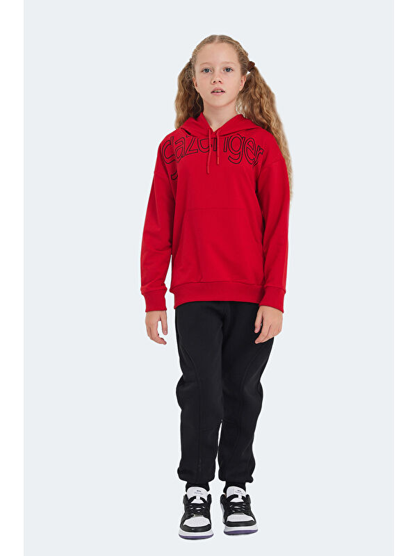 SLAZENGER LETTO Unisex Çocuk Kapüşonlu Cepli Kırmızı Sweatshirt