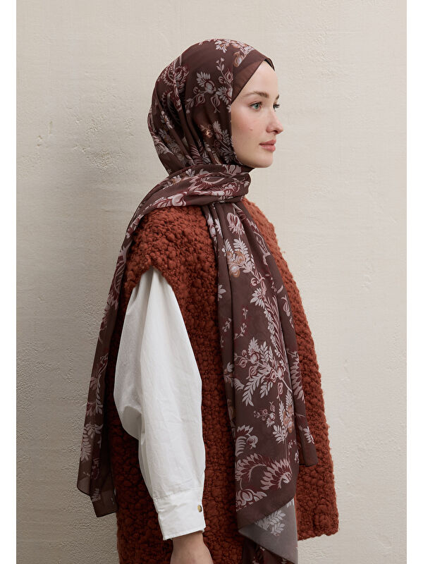 Fresh Scarfs Rosella Desen İpek Krep Şal Kahve