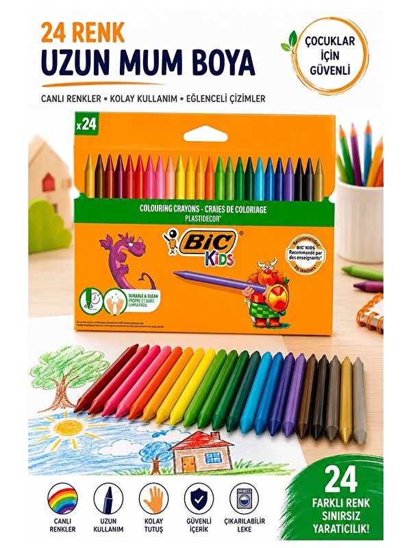Artlantis Mum Boya 24 Lü 1 Paket Bic 24 Renk Mumboya Elleri Kirletmeyen Yıkanabilir Silinebilir Plastidecor
