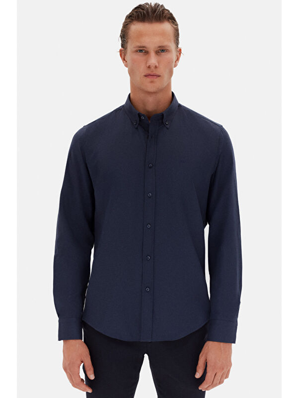 D'S damat Slim Fit Lacivert Oxford Düğmeli Yaka Kolay Ütülenebilir Nakış Detaylı Pamuklu Gömlek