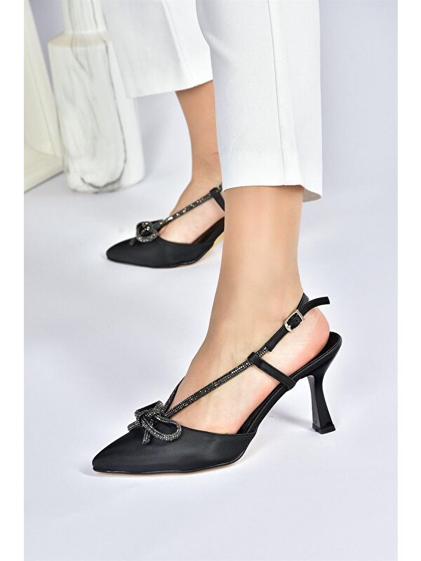 Siyah Saten Kumaş Taş Detaylı Kadın Topuklu Ayakkabı M246065704 - Görsel 3