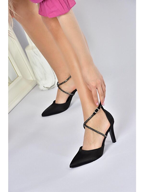 Siyah Saten Kumaş Sivri Burun Kadın Topuklu Ayakkabı M246066704 - Görsel 4