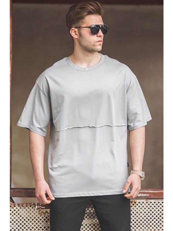 Madmext Gri Oversize Erkek Baskılı %100 Pamuk Tişört 5250