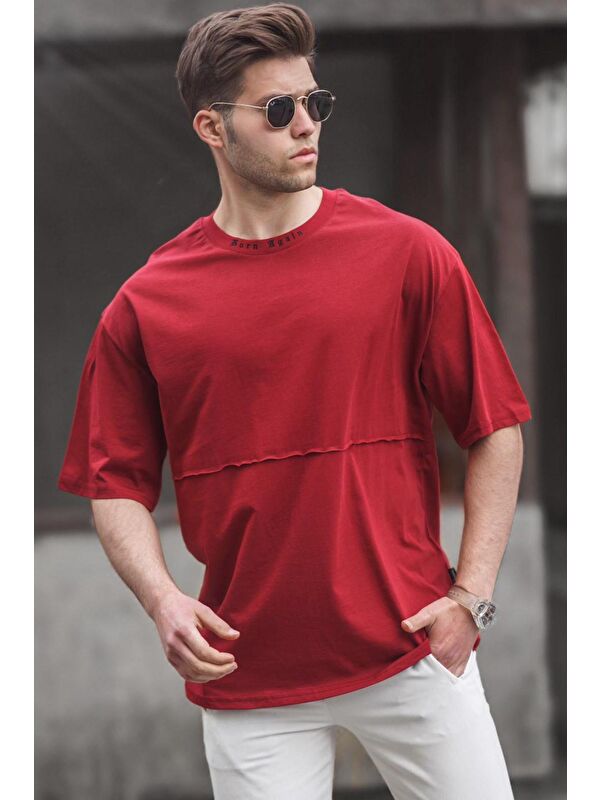 Madmext Bordo Oversize Erkek Baskılı %100 Pamuk Tişört 5250