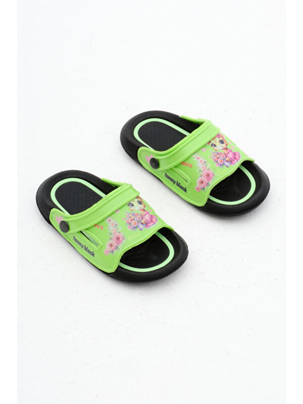 Kız Çocuk Yeşil Poli Taban Çiçek Desenli Terlik - Görsel 4