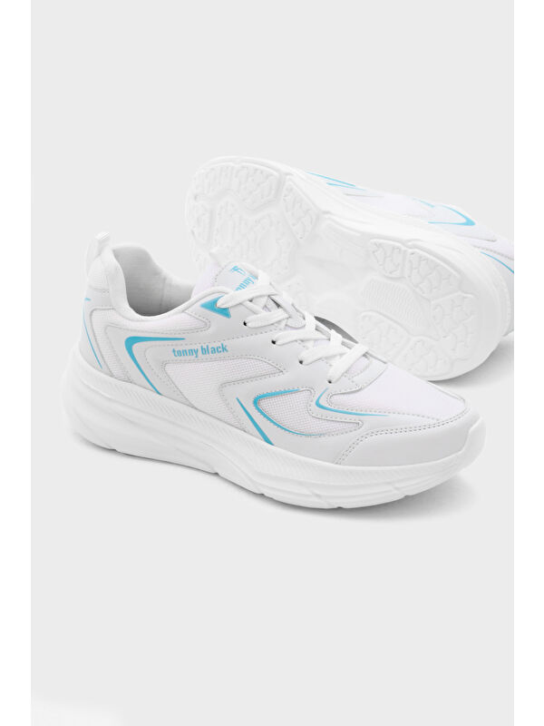 Unisex Beyaz Mavi Nefes Alabilen Kumaş Faylon Taban Bağcıklı Spor Ayakkabı - Görsel 5