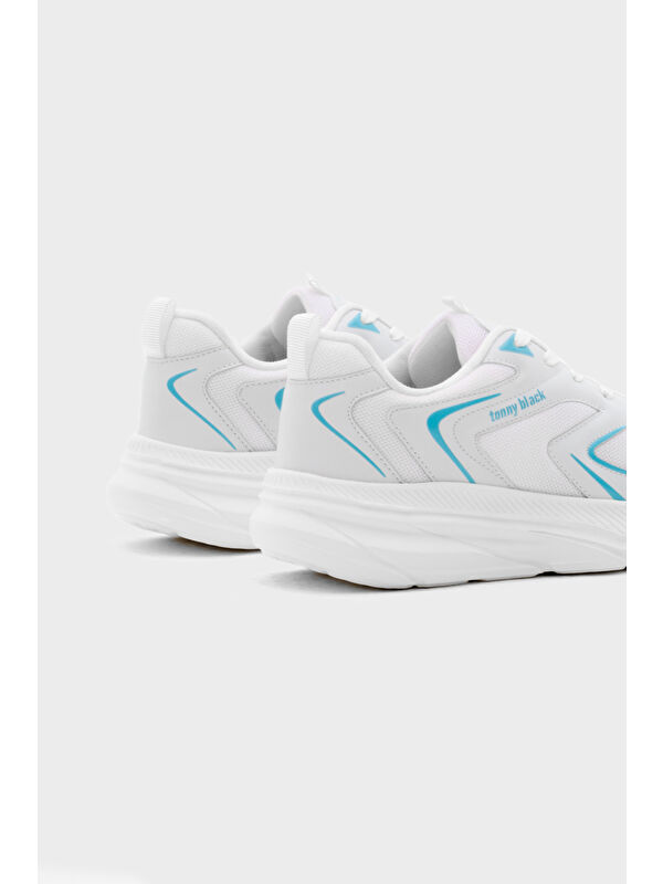 Unisex Beyaz Mavi Nefes Alabilen Kumaş Faylon Taban Bağcıklı Spor Ayakkabı - Görsel 6