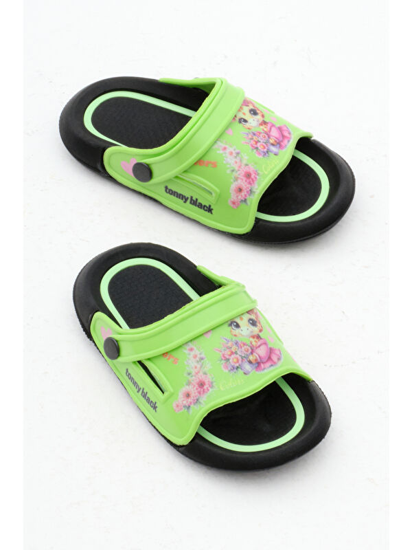 Kız Çocuk Yeşil Poli Taban Çiçek Desenli Terlik - Görsel 5