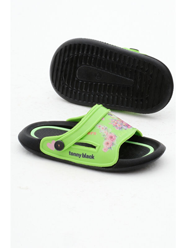 Kız Çocuk Yeşil Poli Taban Çiçek Desenli Terlik - Görsel 6