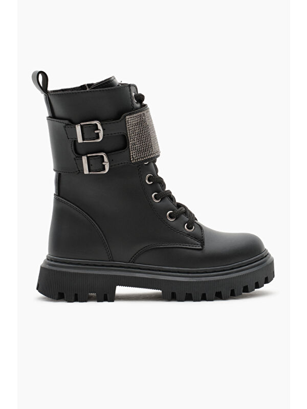 Tonny Black Siyah Tonny Black Cilt Termo Kız Çocuk Taban Taş Detaylı Çift Tokalı Bağcıklı ve Fermuarlı Cırtlı Bot