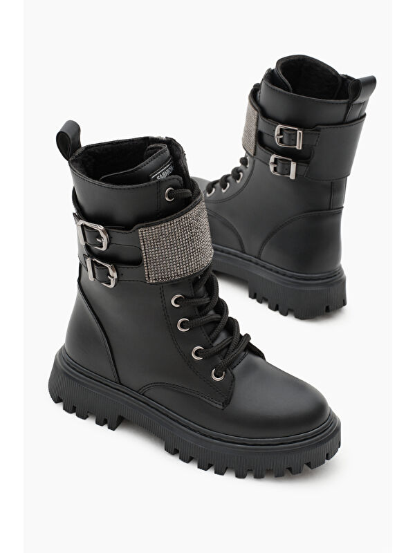 Tonny Black Siyah Tonny Black Cilt Termo Kız Çocuk Taban Taş Detaylı Çift Tokalı Bağcıklı ve Fermuarlı Cırtlı Bot