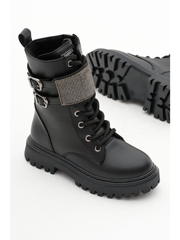 Tonny Black Siyah Tonny Black Cilt Termo Kız Çocuk Taban Taş Detaylı Çift Tokalı Bağcıklı ve Fermuarlı Cırtlı Bot