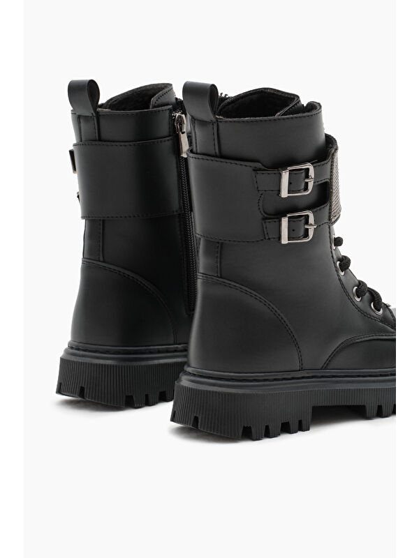 Tonny Black Siyah Tonny Black Cilt Termo Kız Çocuk Taban Taş Detaylı Çift Tokalı Bağcıklı ve Fermuarlı Cırtlı Bot