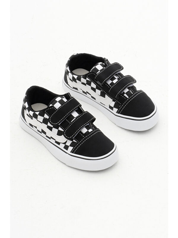 Çocuk Unisex Siyah Beyaz Kauçuk Taban Keten Cırtlı Spor Ayakkabı - Görsel 3