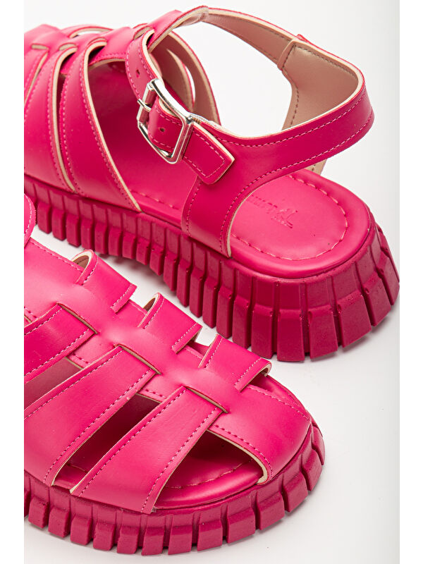 Kadın Fuşya Kalın Poli Taban Bilekten Bağlamalı Üç Bantlı Sandalet - Görsel 4