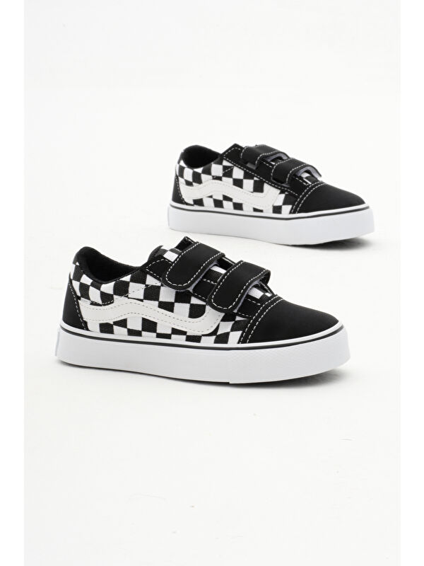 Çocuk Unisex Siyah Beyaz Kauçuk Taban Keten Cırtlı Spor Ayakkabı - Görsel 4