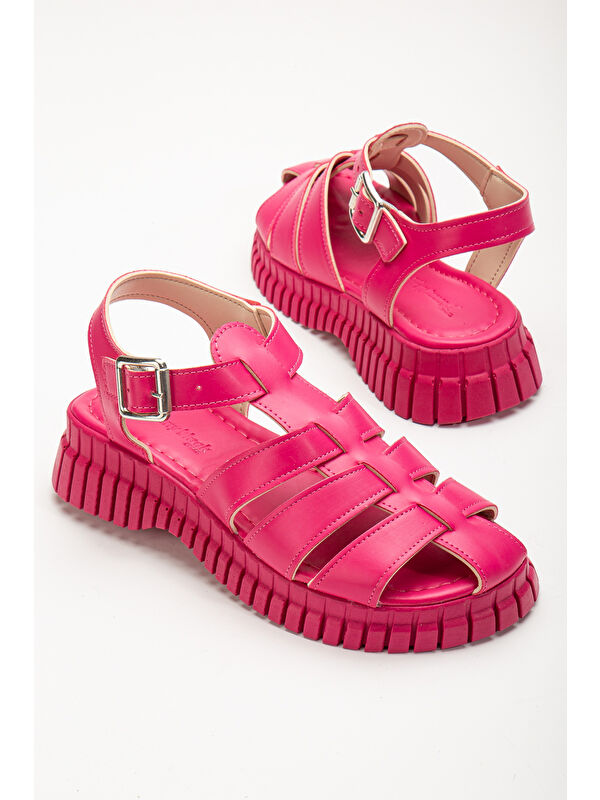 Kadın Fuşya Kalın Poli Taban Bilekten Bağlamalı Üç Bantlı Sandalet - Görsel 5