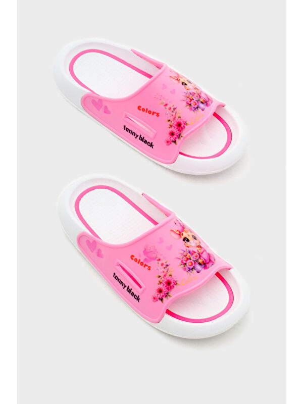 Kız Çocuk Pembe Poli Taban Çiçek Desenli Terlik - Görsel 4