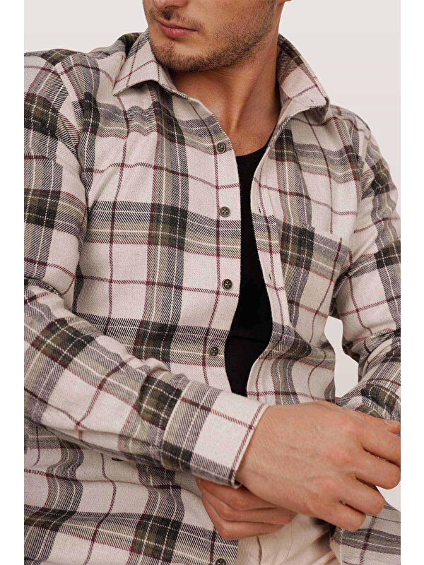 Etikmen Krem Yeşil Desenli Slimfit %100 Pamuk Erkek Oduncu Gömlek