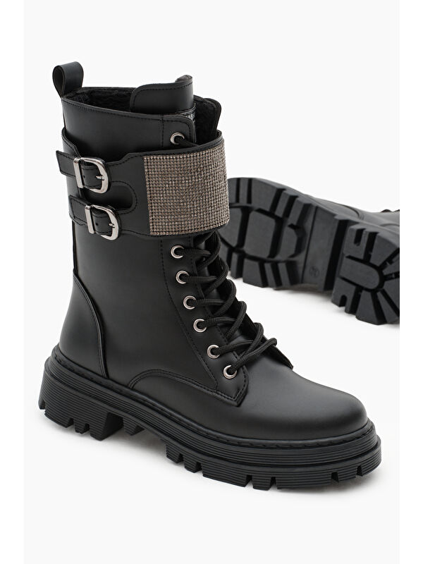 Kadın Siyah Cilt Termo Taban Yanı Çift Tokalı Taşlı Bağcıklı ve Fermuarlı Bot - Görsel 4