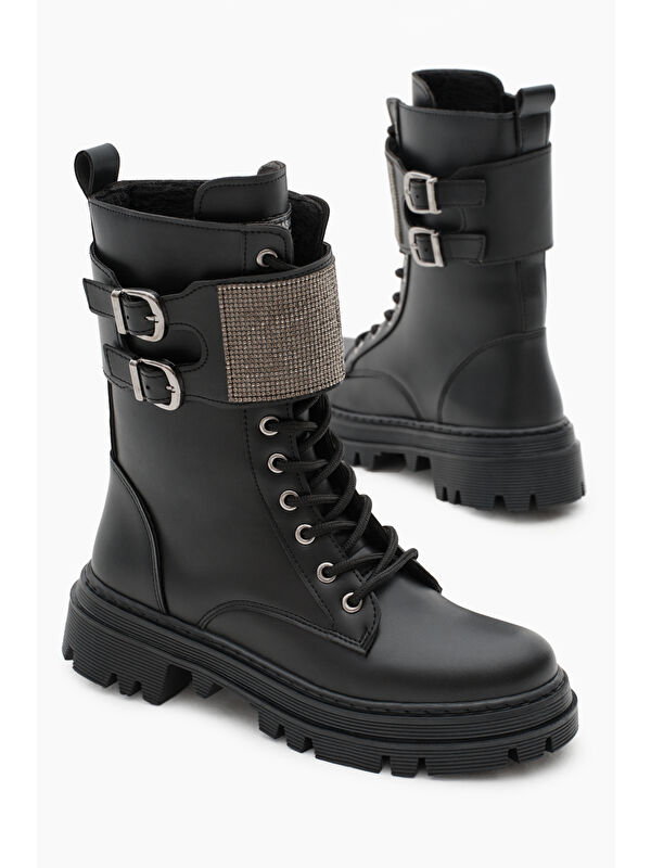 Kadın Siyah Cilt Termo Taban Yanı Çift Tokalı Taşlı Bağcıklı ve Fermuarlı Bot - Görsel 5