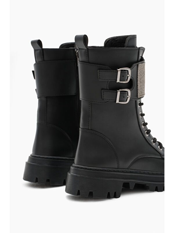 Kadın Siyah Cilt Termo Taban Yanı Çift Tokalı Taşlı Bağcıklı ve Fermuarlı Bot - Görsel 6